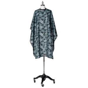 This Fromm Palms hairstyling cape is made from lightweight, breathable Teflon-coated polyester that is water and stain repellent, featuring adjustable metallic snaps and measures 44 by 58 inches.