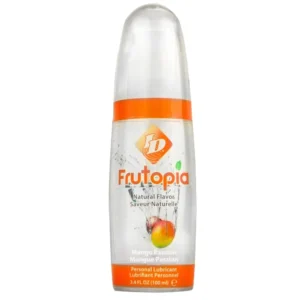 A bottle of Frutopia Passion flavored personal lubricant, a water-based and toy-friendly lube with a delicious mango taste made with 100% natural fruit flavor.