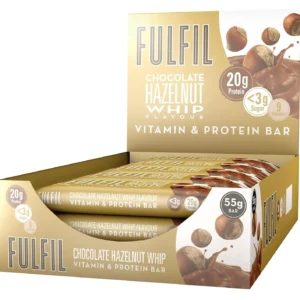 Image of a Fulfil Chocolate Hazelnut protein bar, boasting high protein and low sugar with added multivitamins.