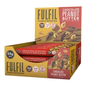 A box of 15 Fulfil chocolate peanut butter protein bars, each containing 20g of protein and 9 essential vitamins with low sugar.