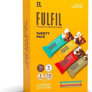 Twelve FULFIL protein and vitamin bars with chocolate, peanut, and caramel flavor provide 15g of protein, 8 essential vitamins, and only 1g of sugar per bar.