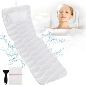 Relax in comfort with this full body bath pillow featuring 21 suction cups, 5D air mesh, and head and neck support for your bathtub.