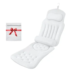 Ergonomic full body bath pillow with lumbar support and non-slip suction cups providing head, neck, and back relaxation in a bathtub.
