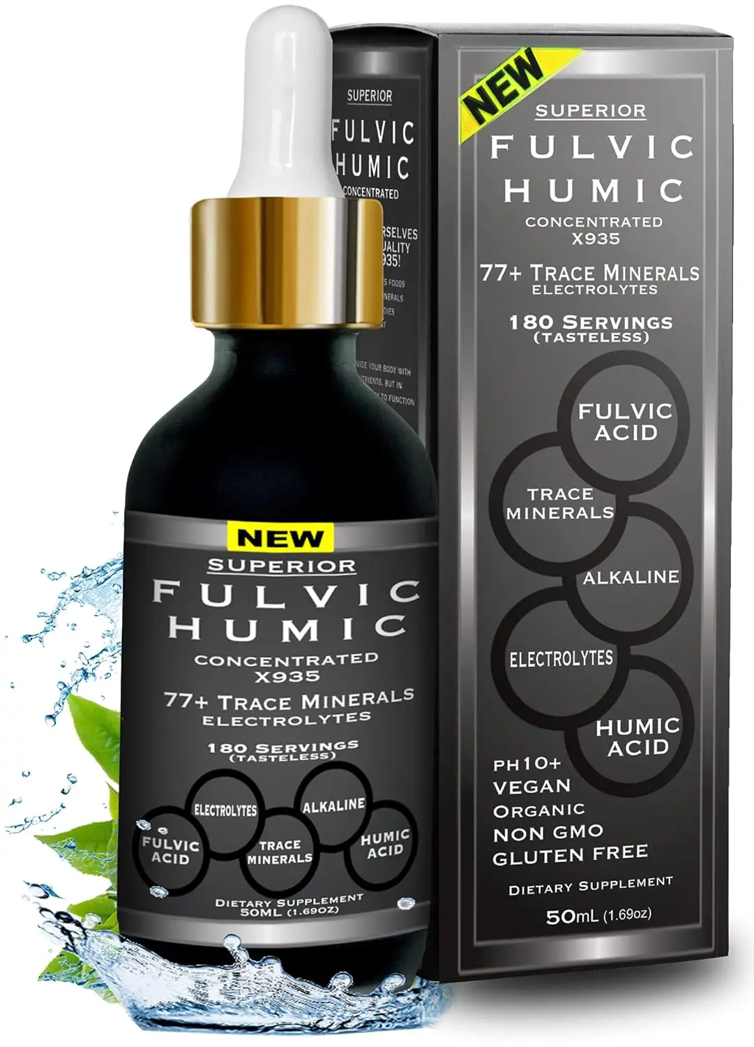 Liquid fulvic and humic acid trace mineral drops with electrolytes to support gut health and provide an energy boost.