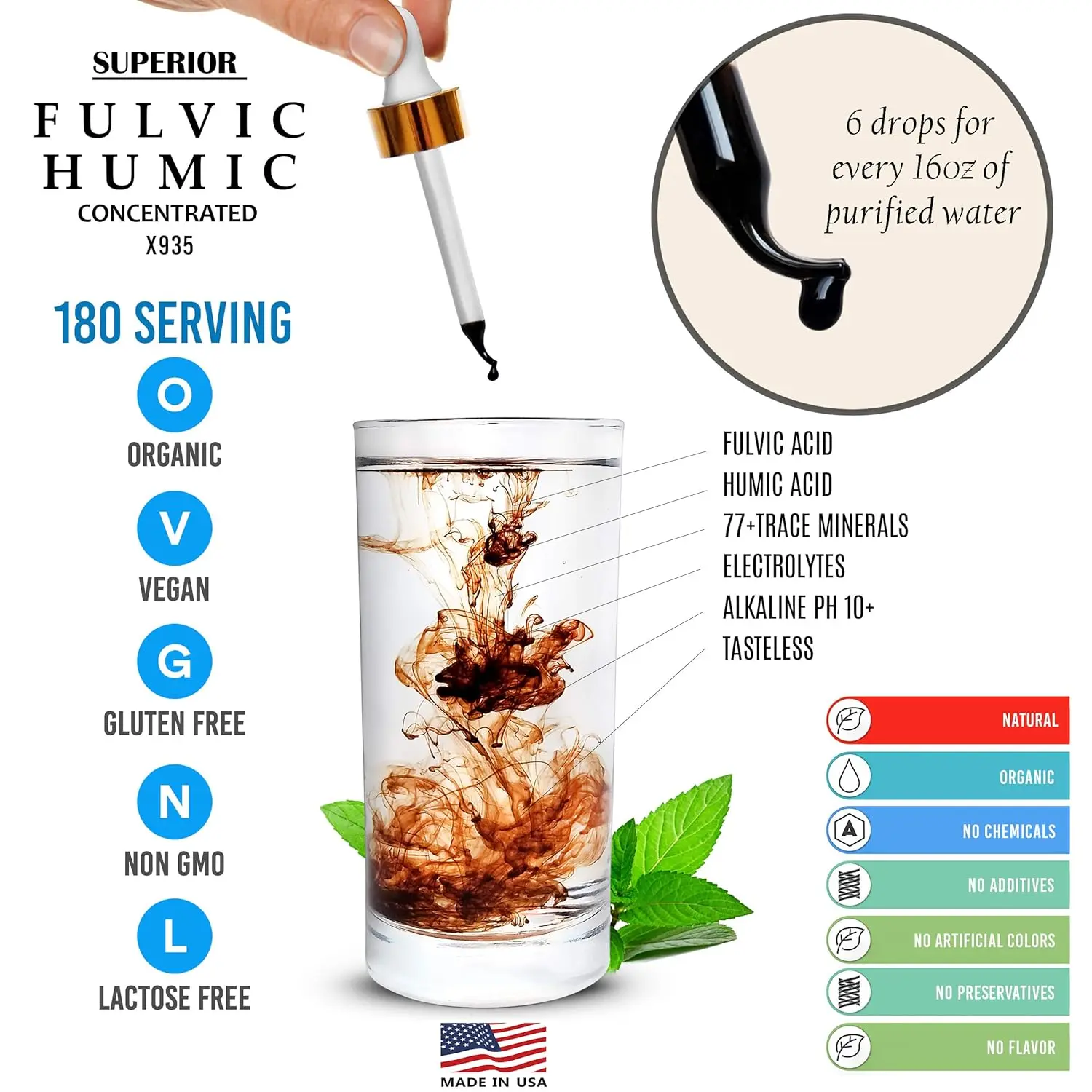 Liquid fulvic and humic acid trace mineral drops with electrolytes to support gut health and provide an energy boost.