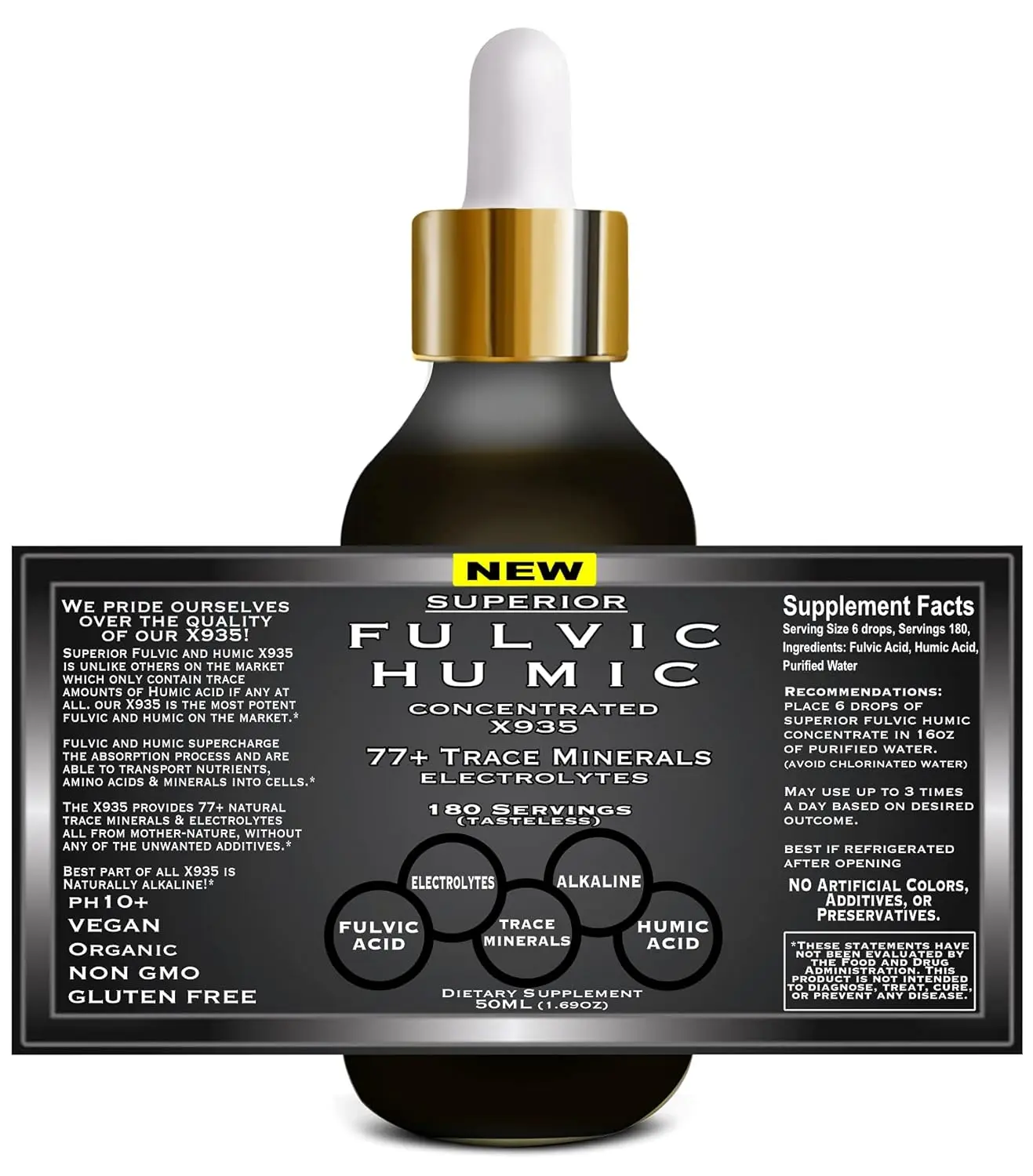 Liquid fulvic and humic acid trace mineral drops with electrolytes to support gut health and provide an energy boost.