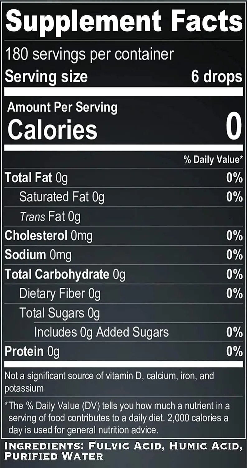 Liquid fulvic and humic acid trace mineral drops with electrolytes to support gut health and provide an energy boost.