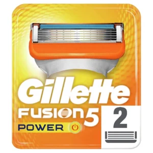 A Gillette FUSION POWER razor with 6 blades and two cartridges, designed for a comfortable shave and deep skin cleaning for men.