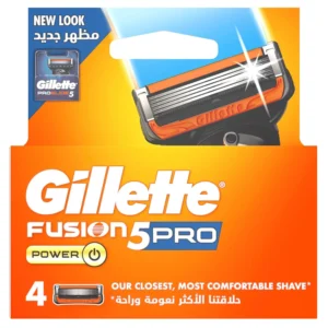 Four Gillette Fusion ProGlide Power razor blade refills featuring five anti-friction blades and a precision trimmer for edging tough areas.