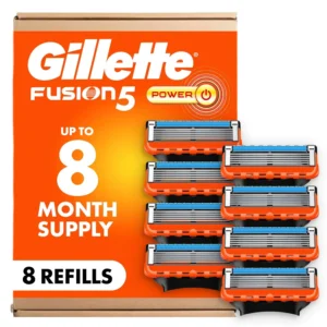 Eight Gillette Fusion5 Power razor blade refills with Lubrastrip, compatible with Fusion5 and ProGlide handles for a comfortable men's shave.