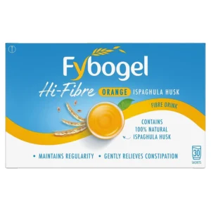 Fybogel Hi-Fibre Orange sachets for gentle constipation relief in adults and children.
