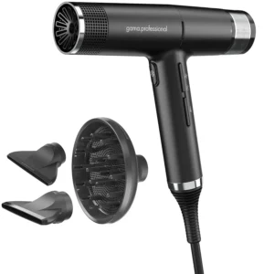 The GA.MA iQ1 Perfetto black hair dryer uses Oxy-Active technology for shine and features an auto-clean function, weighing only 294 grams.