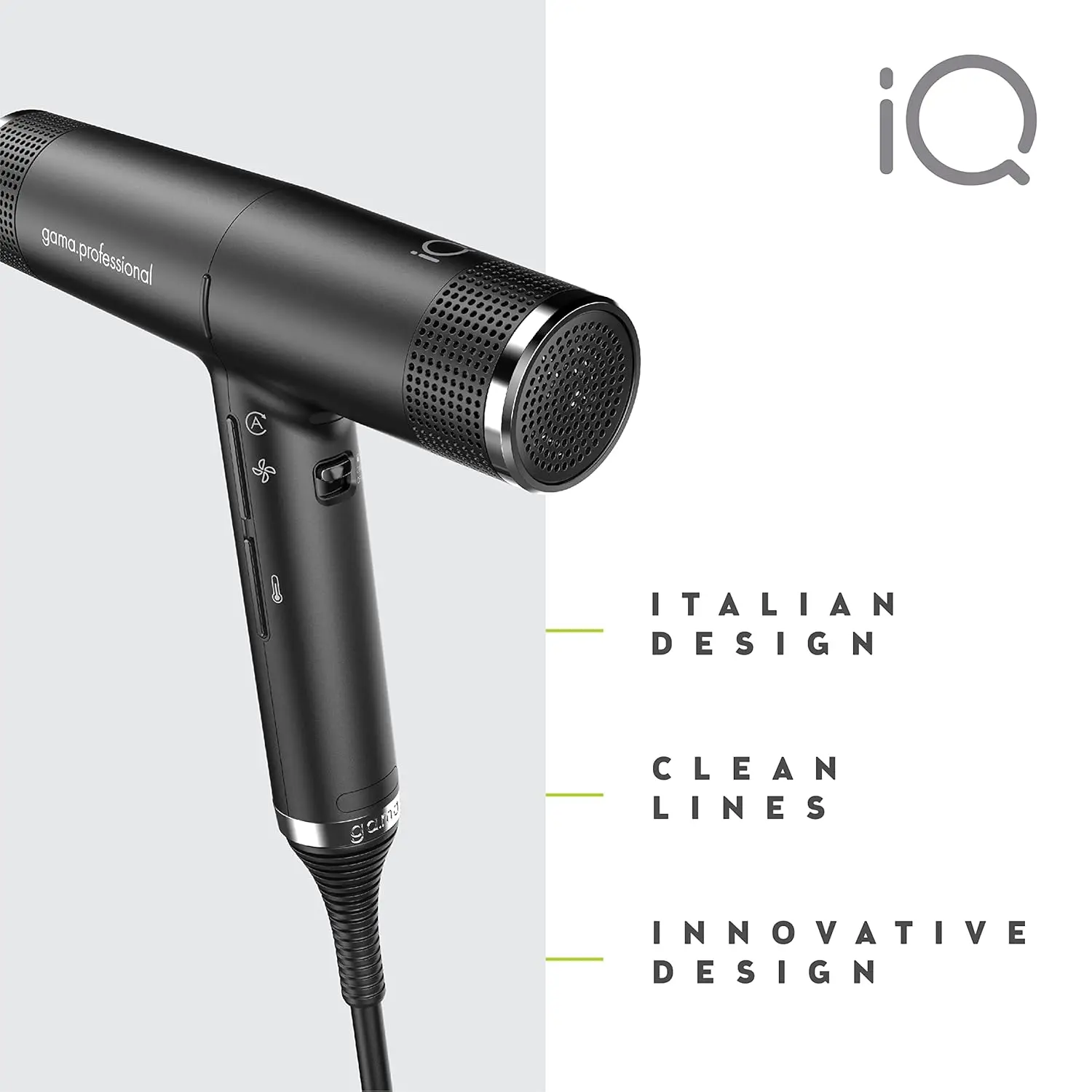 Black GA.MA Italy Professional hairdryer with 2000W power designed for hair well-being and shine.