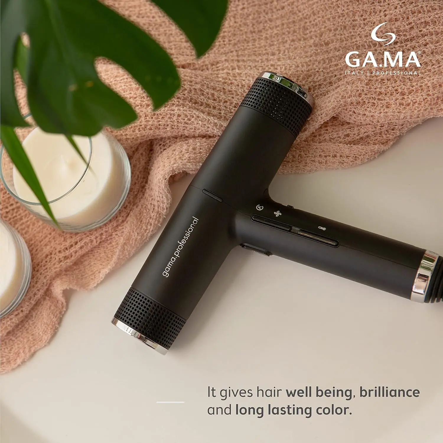 Black GA.MA Italy Professional hairdryer with 2000W power designed for hair well-being and shine.