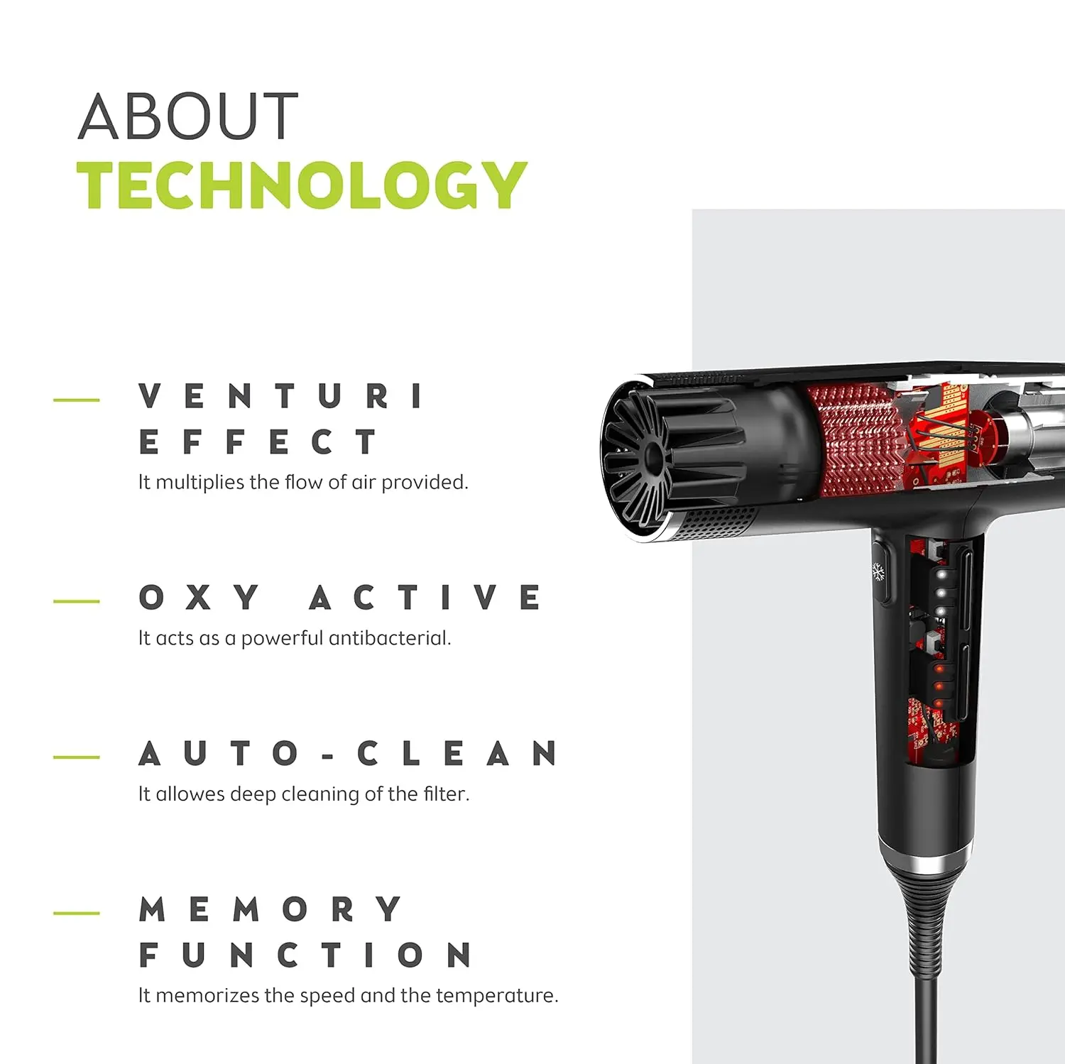 Black GA.MA Italy Professional hairdryer with 2000W power designed for hair well-being and shine.