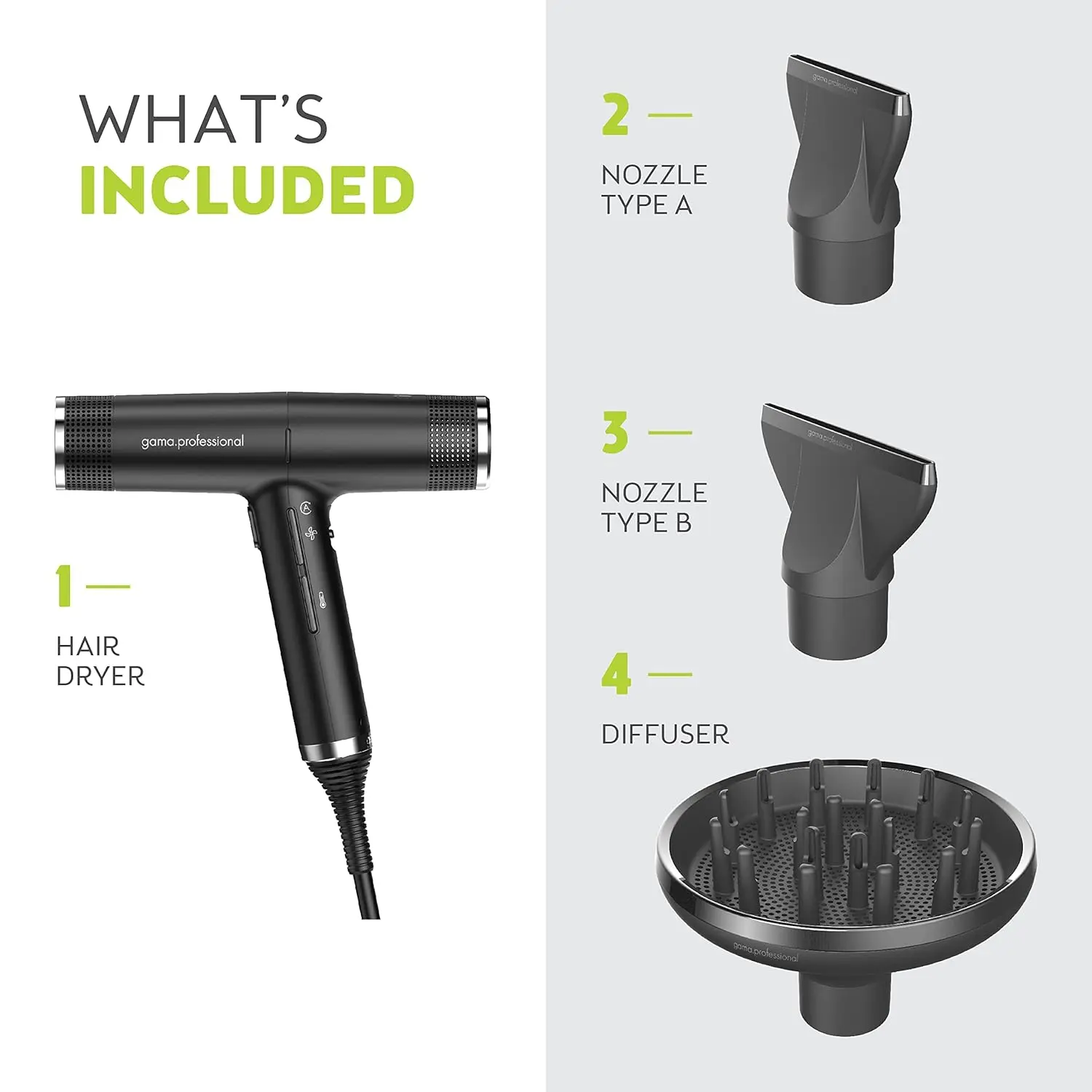 Black GA.MA Italy Professional hairdryer with 2000W power designed for hair well-being and shine.