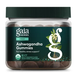 A bottle of Gaia Herbs Organic Ashwagandha Gummies to support stress response and energy levels, made with ashwagandha, cinnamon, and ginger.
