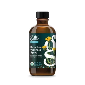 Bottle of Gaia Herbs Bronchial Wellness Syrup, an herbal supplement for lung health, immune support, and soothing sore throat symptoms.