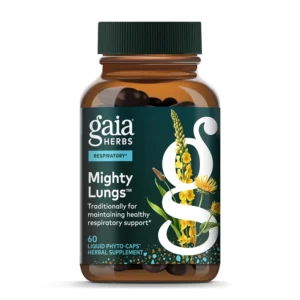 Bottle of Gaia Herbs Mighty Lungs lung support supplement with mullein leaf, plantain, and schisandra to help maintain overall lung and respiratory health.