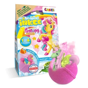 INKEE Galupy Unicorn bath bomb dissolving in water, releasing a caramel scent and a surprise Galupy Unicorn figure, while also containing jojoba oil for soft skin.