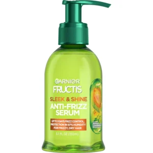 Garnier Fructis Sleek and Shine Anti-Frizz Serum with Moroccan argan oil tames frizzy, dry, and unmanageable hair for lasting smoothness and shine.
