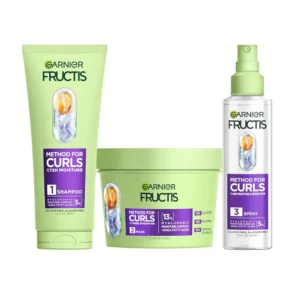 Garnier Fructis Method for Curls kit with shampoo, mask, and curl refresher spray formulated for lasting moisture and definition on 2C to 4C curls.