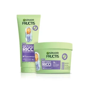 Garnier Fructis curly hair shampoo and mask set with hyaluronic acid and shea butter to moisturise, define, and reduce frizz for all types of curls, leaving hair soft and elastic.