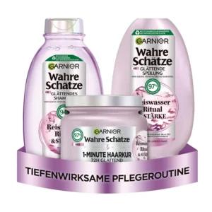 Garnier True Treasures rice water hair care set with shampoo, conditioner, and hair treatment for smoothing, moisturizing, and adding shine to dull hair.