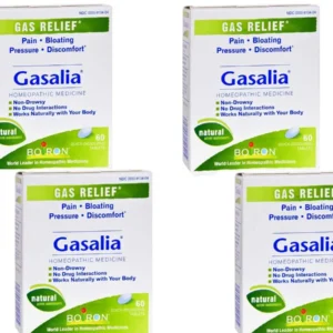 Four packs of Boiron Gasalia homeopathic medicine for quick relief of gas, bloating, pressure, and pain.