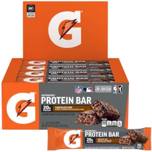 Twelve individually wrapped Gatorade chocolate chip whey protein recover bars, each with 20g protein and 42g carbs to help rebuild muscles after a workout.