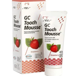 A tube of GC Tooth Mousse in strawberry flavor with Recaldent, offering free UK delivery.