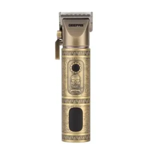 Gold Geepas hair clipper with comb attachments, LED display showing battery and oil level, suitable for professional hair and beard trimming.