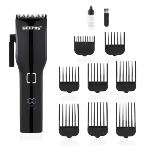 This Geepas digital hair clipper features a long-lasting 2000mAh Li-ion battery for 4 hours of cordless runtime, a smart LED display, and high-performance stainless steel blades for precise and comfortable trimming.