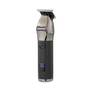 This cordless Geepas hair clipper with LED display shows battery percentage and comes with stainless steel blades, four guide combs, and a rechargeable lithium battery for 120 minutes of cordless use.