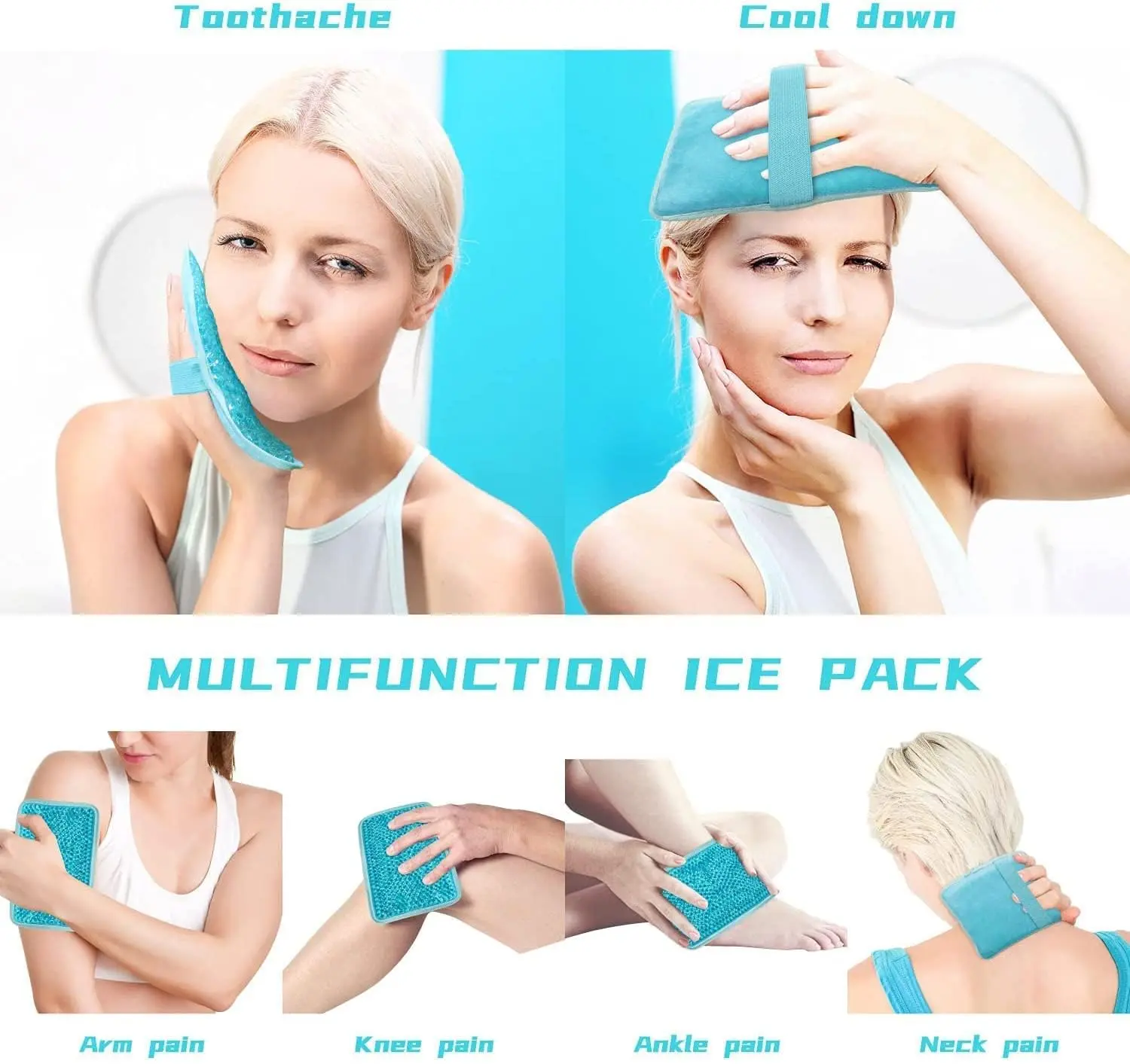 Reusable gel ice pack for hot and cold therapy providing pain relief for injuries and swelling on knee, shoulder, foot, back, and ankle.