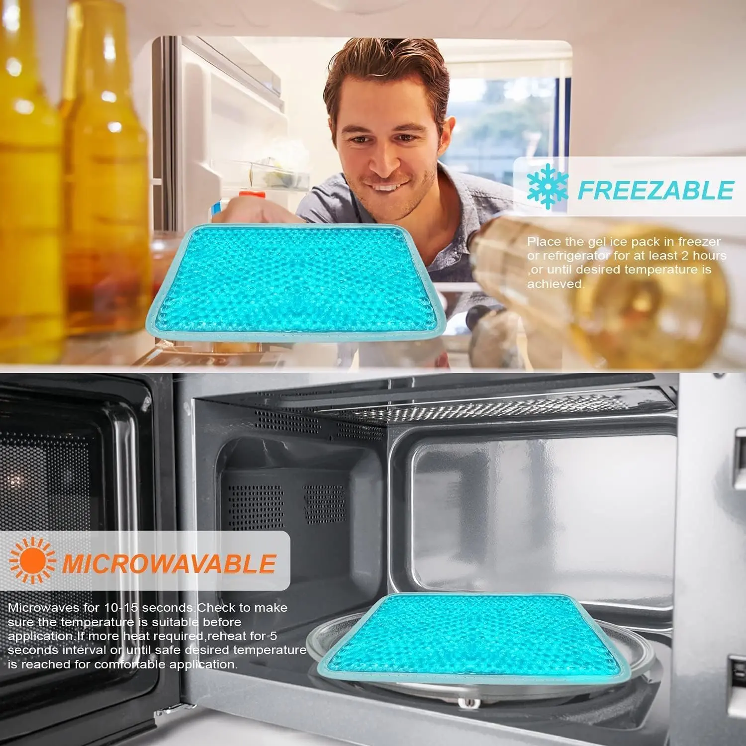 Reusable gel ice pack for hot and cold therapy providing pain relief for injuries and swelling on knee, shoulder, foot, back, and ankle.