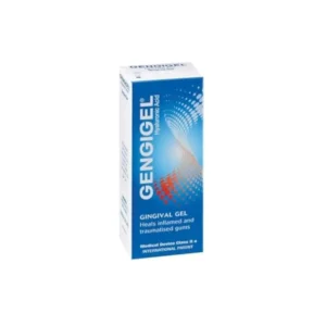 A tube of Gengigel Gingival Gel, a teeth and gum cleanser product by Gengigel in a 20ml size.