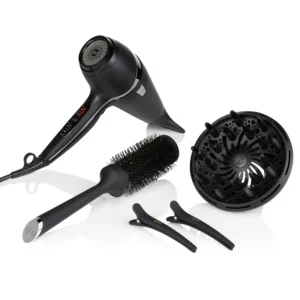 This ghd Air drying kit includes a professional 2100W hair dryer, diffuser, styling nozzle, sectioning clips, and a size 3 vented radial brush for achieving salon-quality results at home.