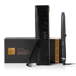 The ghd Chronos conical curling wand gift set creates long-lasting, frizz-free salon-quality curls with 50% smoother, shinier hair, and includes a paddle brush, heat-resistant bag and protective glove.