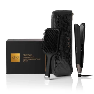 The ghd Chronos festive gift set includes a hair straightener, The All Rounder Paddle Brush and a luxury croc-inspired heat resistant bag and mat, offering ultra-fast, personalised styling for high-definition, 24-hour results.