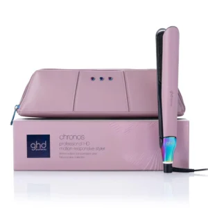 ghd Chronos limited edition hair straightener in transcendent pink with iridescent accents, delivering one-stroke high-definition results and 85% more shine, plus a matching heat-resistant bag and mat.