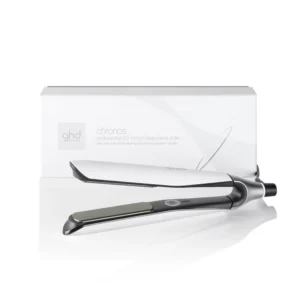 The white GHD Chronos hair straightener delivers 3x faster styling with high definition results and protects all hair types from heat damage.