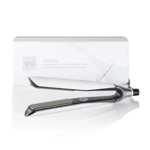 The ghd Chronos styler is a white 1-inch flat iron hair straightener that uses HD motion-responsive technology for fast, one-stroke styling with 85% more shine and styles that last 24 hours, while protecting hair from heat damage.