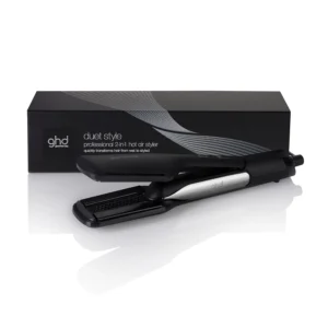 The ghd Duet Style is a 2-in-1 hot air styler that transforms wet hair into sleek, shiny styles with no damage, featuring a black finish and designed for all hair types, offering unprecedented softness and frizz-free results.
