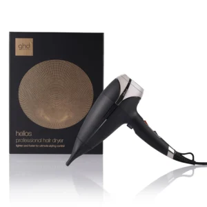 A black ghd Helios professional hairdryer is displayed.
