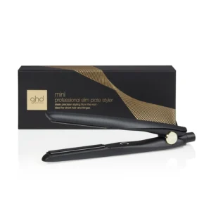 Black Ghd Mini thin plate hair straightener with dual zone technology and ceramic plates for shiny, sleek styles.