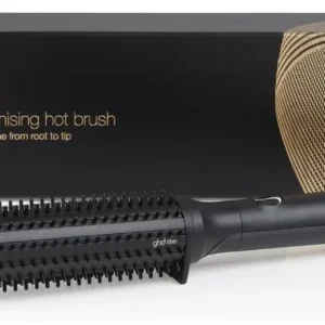 Black ghd Rise volumising hot brush with a 32mm barrel and smooth bristles, designed for creating full-length body and volume with ultra-zone predictive heat technology.