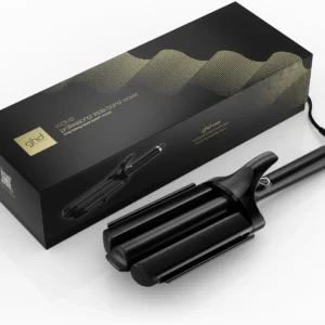 Black ghd Wave triple barrel waver creates quick, loose beach waves with less frizz and shine for all hair types.