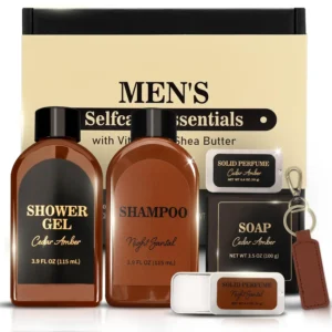 This luxurious bath set for men includes cedarwood and sandalwood scented shower gel, shampoo, solid perfumes, and soap, crafted with natural ingredients for a refreshing and travel-friendly self-care experience.