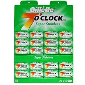 A pack of one hundred Gillette 7 O'Clock Super Stainless double edge razor blades made by Gillette.